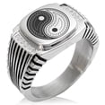 thumbnail image 1 of Stainless Steel Paisley Yin Yang CZ Ribbed Needle Stripe Pattern Biker Style Polished Ring, 1 of 1