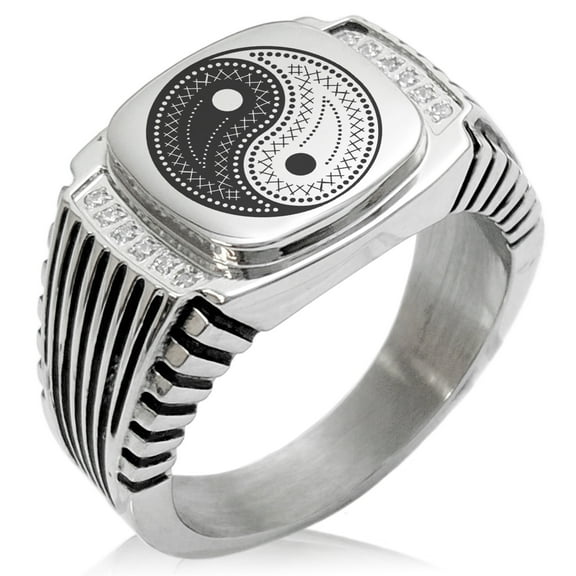 Stainless Steel Paisley Yin Yang CZ Ribbed Needle Stripe Pattern Biker Style Polished Ring