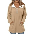 thumbnail image 2 of Womens Tops Half Zip Hooded Drawstring Solid Color Pocket Sweatshirt,Blouse for Women Khaki M, 2 of 6