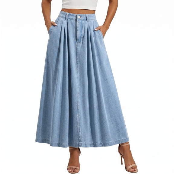 Women's Tennis Skirts Summer Button Elastic Waist Denim Skirt with Pleated Midi Length Practical Pockets for Everyday Casual Wear Blue L