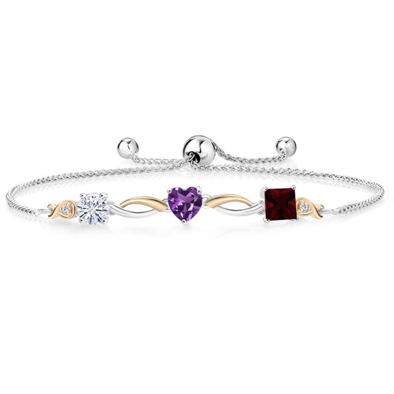 925 Silver and 10K Yellow Gold Near Colorless White Moissanite Purple Amethyst Red Garnet and Lab Grown Diamond Tennis Bracelet for Women By Keren Hanan (2.22 cttw, Adjustable up To 9 inch)