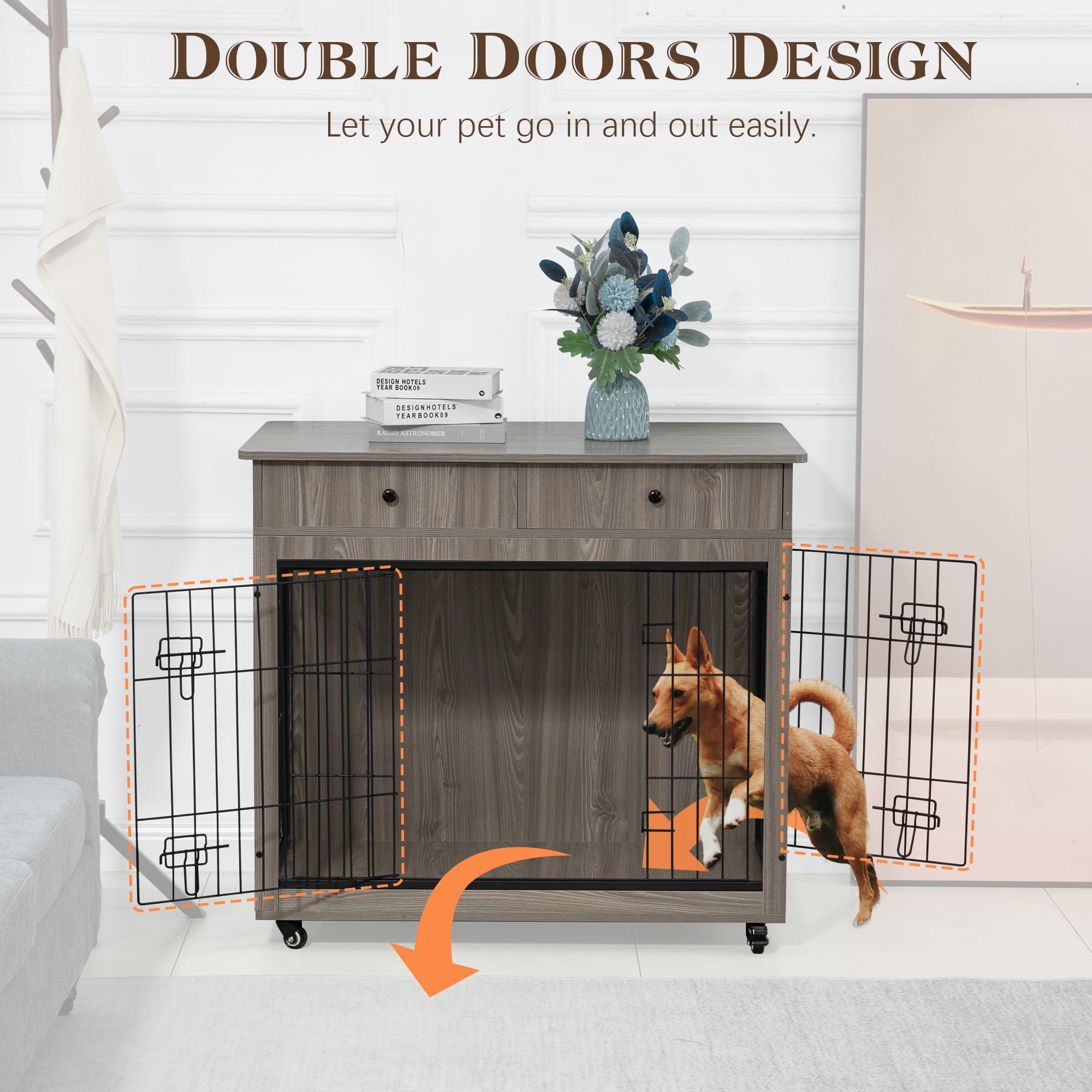 Pefilos 31" Wooden Dog Crate Furniture with 2 Drawers Storage, Indoor Dog Kennel, Heavy Duty Dog Cage for Small, Gray Pefilos 31" Wooden Dog Crate Furniture with 2 Drawers Storage, Indoor Dog Kennel, Heavy Duty Dog Cage for Small, Gray