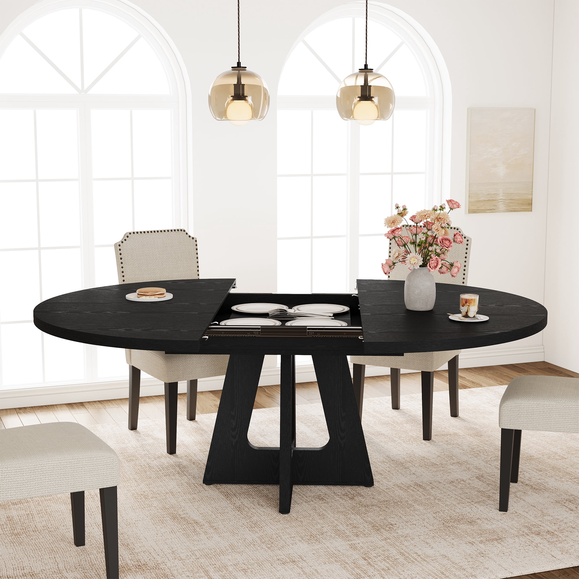 47–63 in Extendable Round Dining Table Round-to-Oval Expandable for 4–8 Space-Saving MDF Top Sturdy Metal Cross Base Removable Leaf Adjustable Leveling Feet