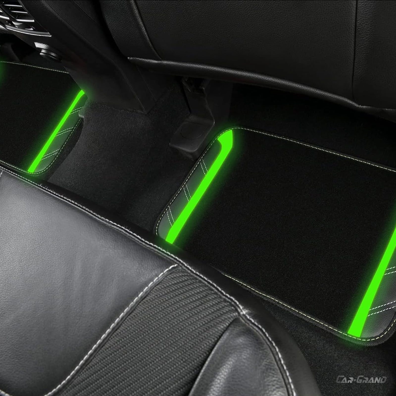CAR GRAND Leather Steering Wheel Cover and Waterproof Carpet Car Floor Mats,Universal Fit Combo Pack Sedan,SUV,Cars, 14.5" to 15" Sporty Anti-Slip Fluoresence  Green