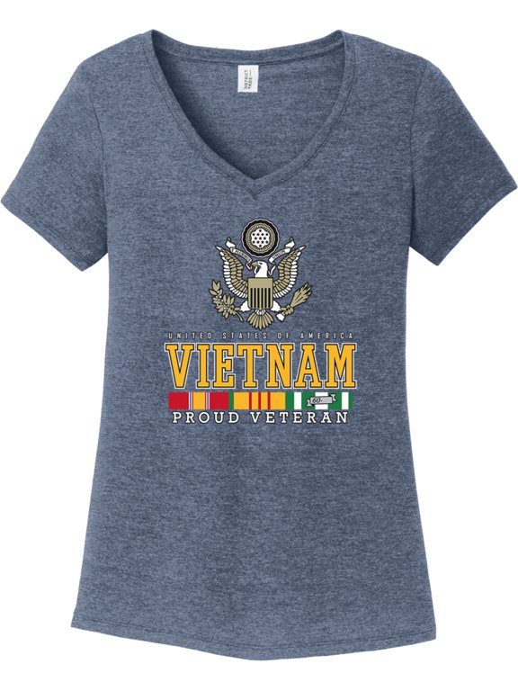 USA Proud Vietnam Veteran Eagle Womens Tri Blend V-neck T-Shirt, Medium Navy Frost