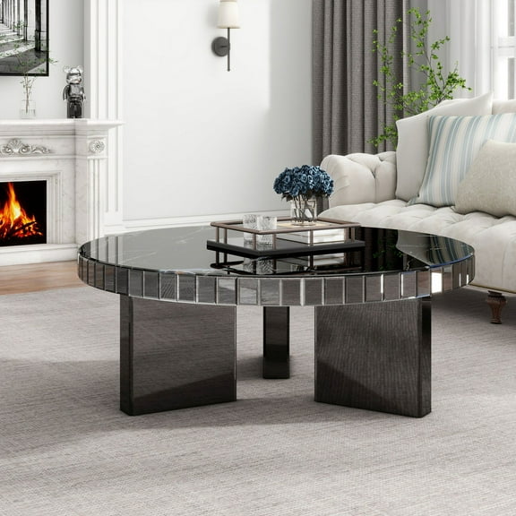 SHYFOY Design Modern Round Mirrored Glass Marble Textured Coffee Table with 3 Legs,Gray/Black