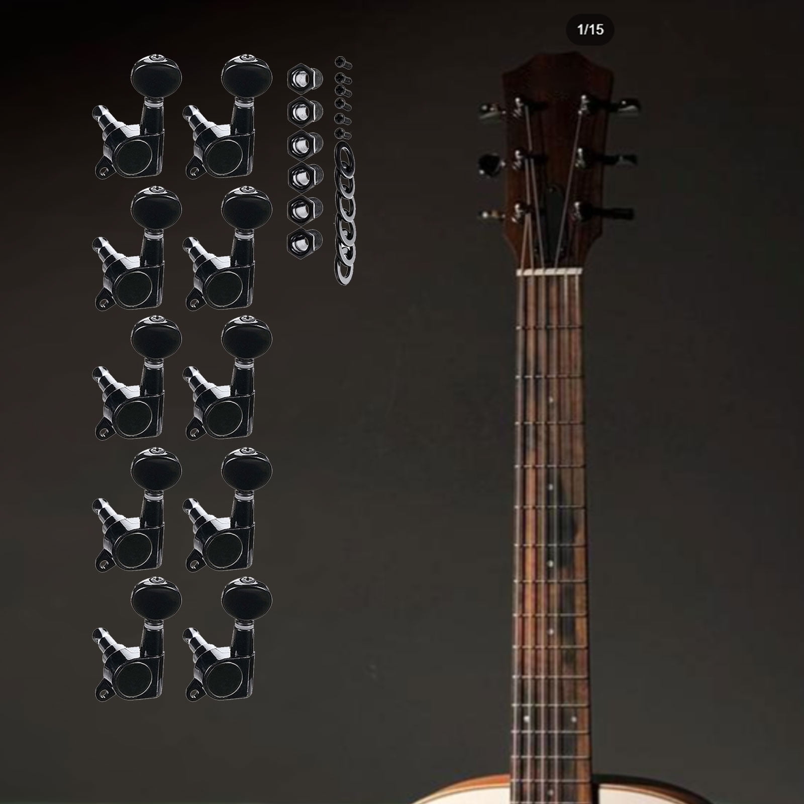 6 Piece Black Metal Guitar Tuning Pegs Set Metal Texture for Acoustic and Electric Guitars 10mm Peg Holes Replacement