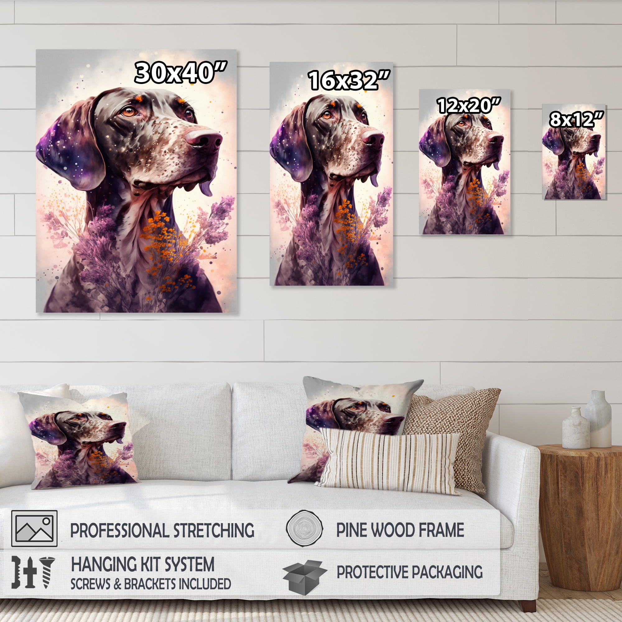 Designart Cute German Pointer Floral Art Canvas Wall Art