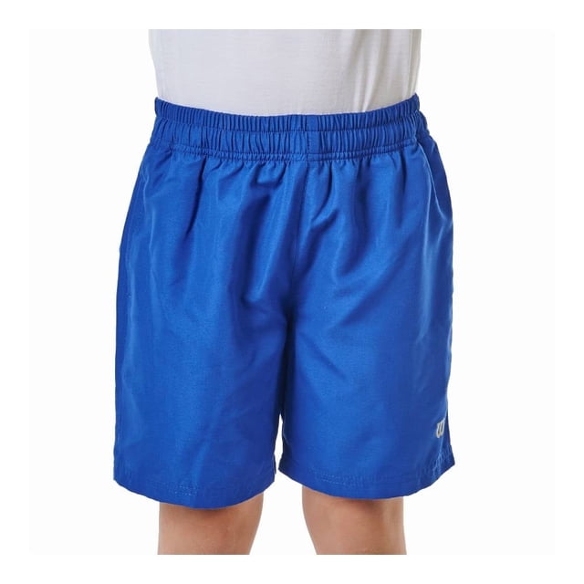 short wilson talla 6 deportivo azul rey con cintura elástica fruncida y corte recto por encima de la rodilla, tela de tacto suave y logotipo Wilson pequeño en la pierna derecha; adecuado para entrenamiento ligero y actividades deportivas.