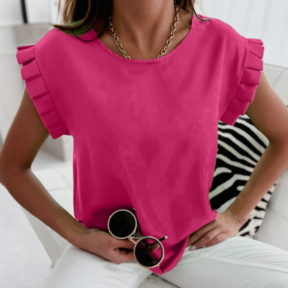 Pink Young Adult Tops Women Sleeveless Summer Tops Folds O Neck Slim Fit Work Athletic Shirts Casual Blouse Plus Size Tops for Women