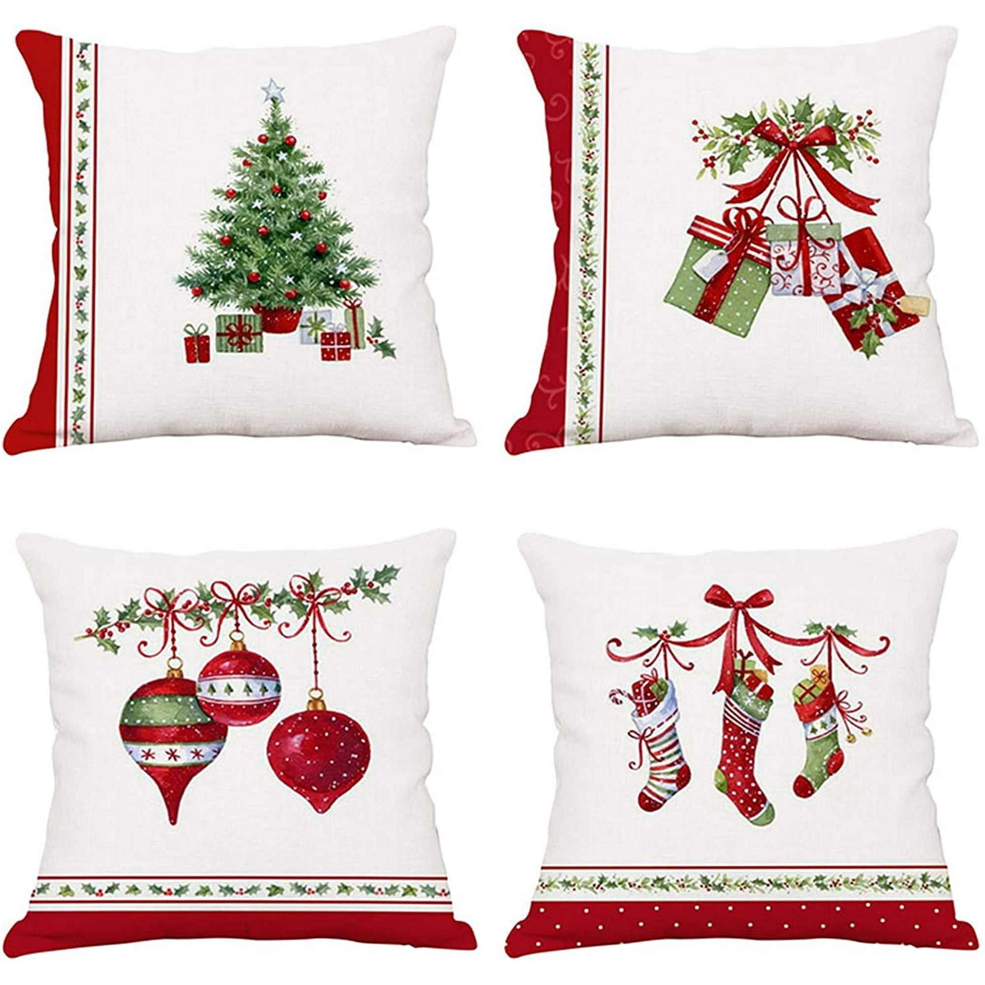 Set of 4 Merry Christmas Decorative Throw Pillow Covers Winter Holiday Xmas Velvet Pillow Cases Christmas Trees Socks Cushion Covers Outdoor Sofa and