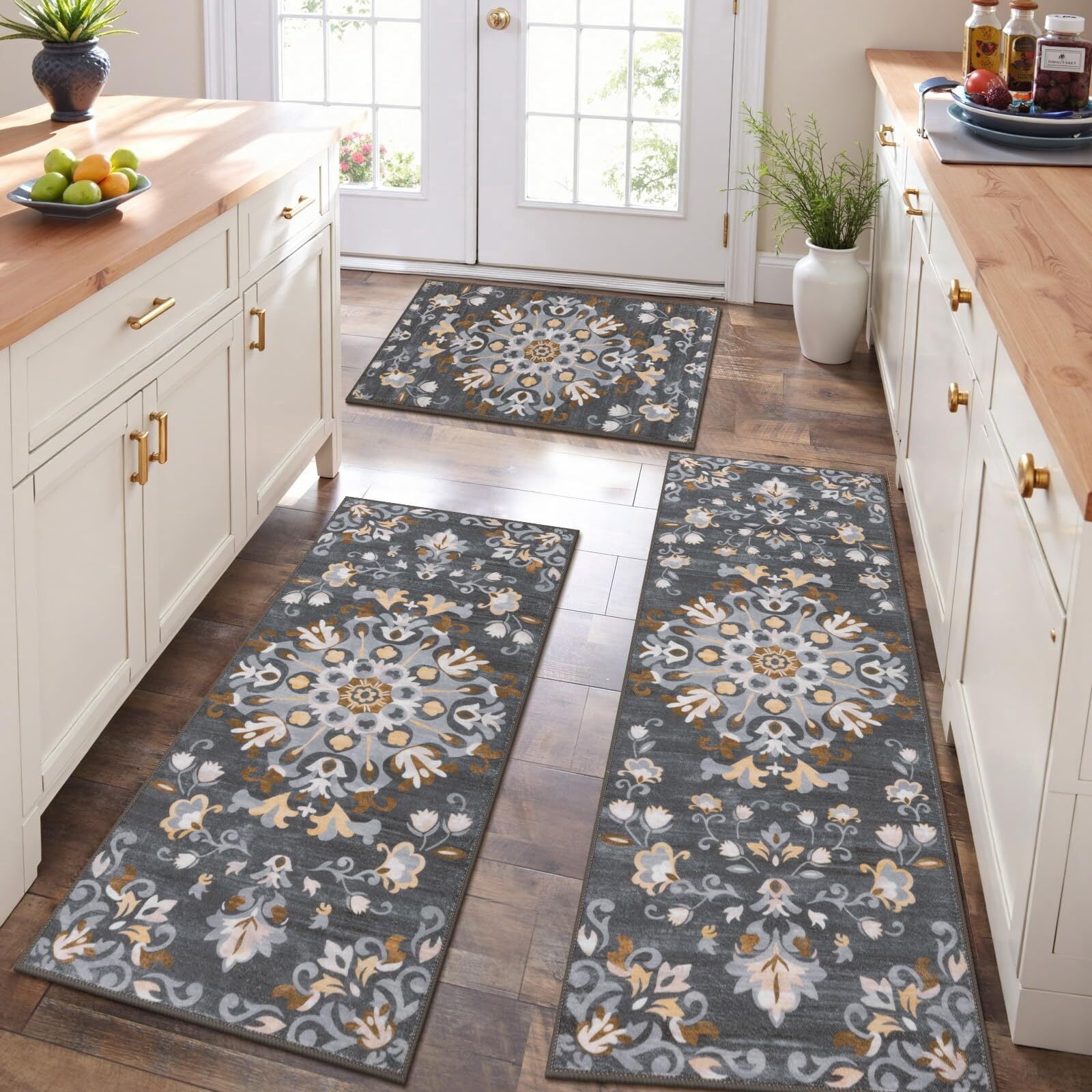 Findosom 3pcs Washable Kitchen Rug Set,Non-Slip Floral Boho Kitchen Mats Kitchen Runner Rug Floor Carpet for Hardwood Floor,Sink,Entryway,Bathroom,Home Decor,20"x32"+20"x48"+20"x59"