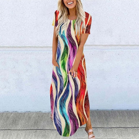 Ayolanni Casual Dresses for Women Cruise Striped Short Sleeve Maxi Dresses Party Dresses for Girls L