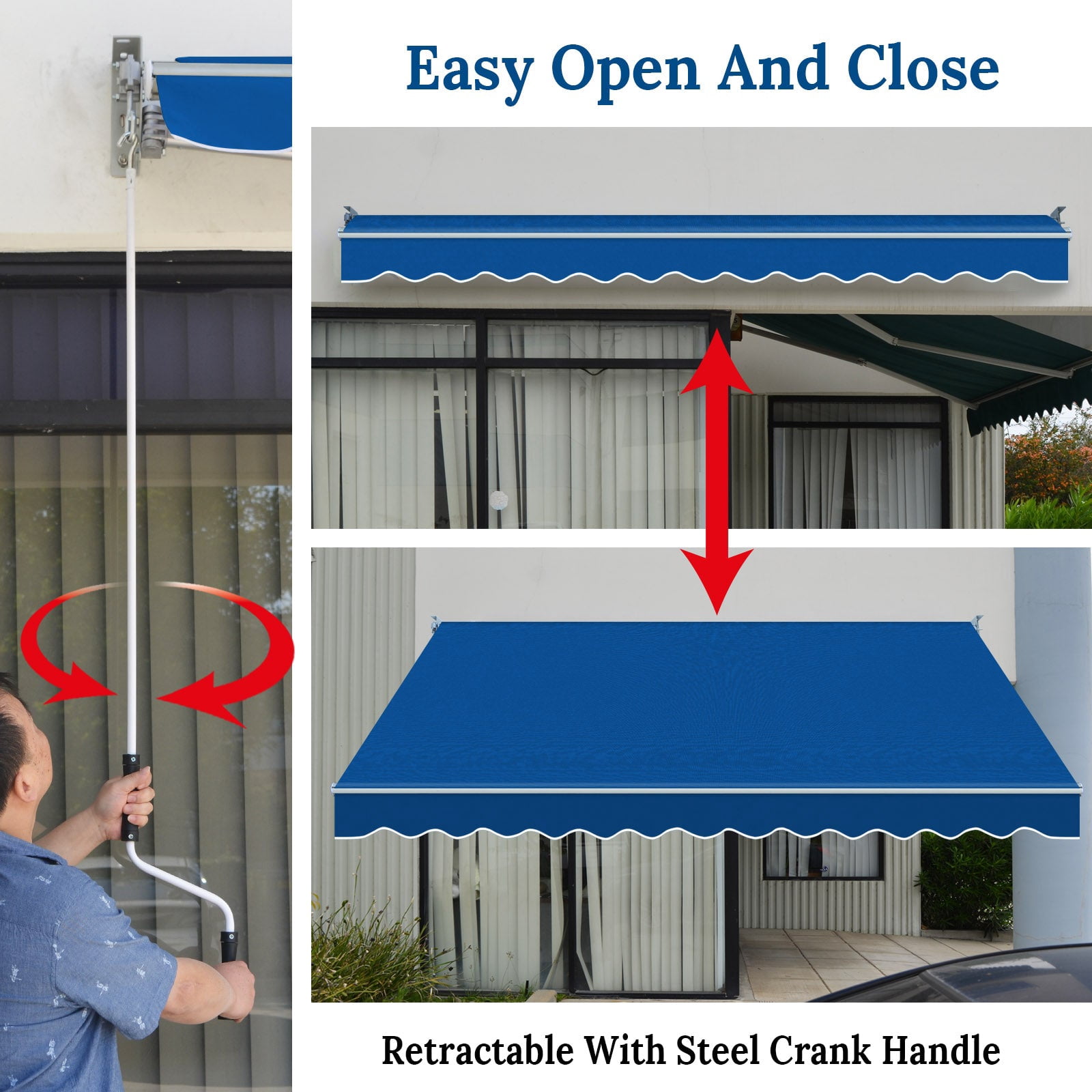 SUNNYOUTDOOR 12x10 FT Patio Awning Retractable Outdoor Sun Shade Manual Patio Deck Awning Heavy Duty Awning (Blue)