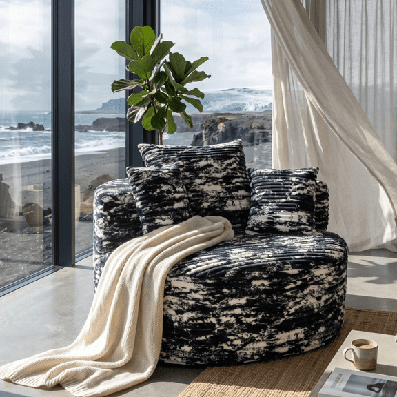 Oversized Round Sofa Chair with 3 Pillows, No Assembly, Black and White