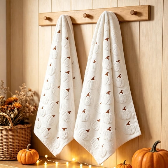 Twfbrm Fall Pumpkin Bath Towels, 2 Pcs Water Absorbent Kitchen Towels with Jacquard Cotton, Kitchen Decorative Soft Hand Towels Set, Durable and reusable Dish Towels for Drying, Cleaning, Home