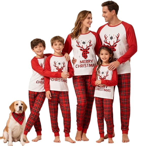 Christmas Family Pajamas Matching Set Letter Elk Print Long Sleeve Tops and Plaid Pants Sleepwear