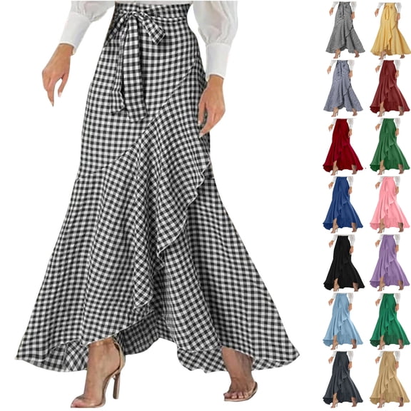 PADFRYBK Long Plaid Skirts For Women Soft High Elastic Waist Skirts Casual Loose High Waisted Irregular Hem Wrap Skirts