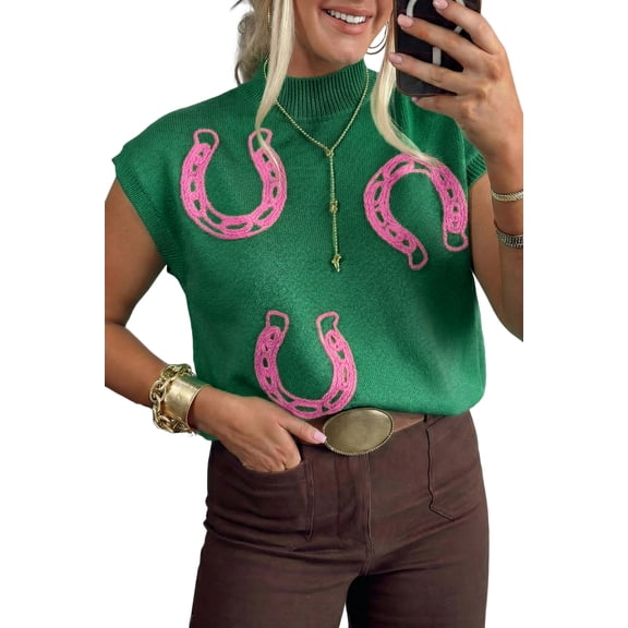 Women's Western Horseshoe Print Sweater – Bright Green Mock Neck Short Sleeve Summer Knit, XL