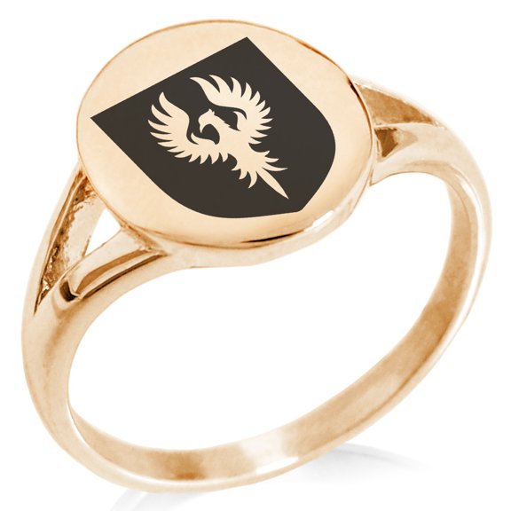 Stainless Steel Phoenix Resurrection Coat of Arms Shield Minimalist Oval Top Polished Statement Signet Ring