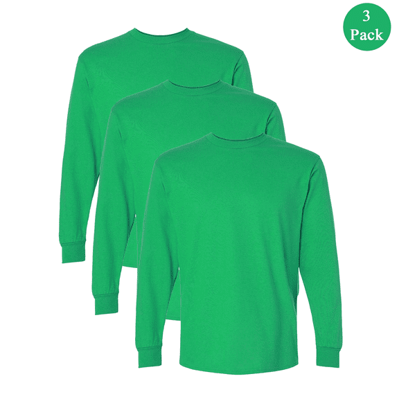 Gildan Ultra Cotton Men's Long Sleeve T-Shirt, Crew Neck Irish Green Casual Blank Tee, 3-Pack, S
