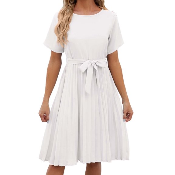 YUHAOTIN for Women 2024 Vacation Mini Women's Solid Color Round Neck Pleated Lace Up Loose Short Sleeve Dress Maternity Dresses Fall and Winter Velvet Dress for Women