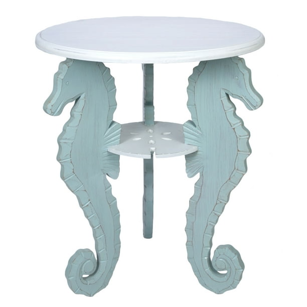 Triple Seahorses Blue And White Accent Side Table Round 24 X 15 75 Inches Wood Com Triple Seahorses Blue And White Accent, Seahorse Console Table