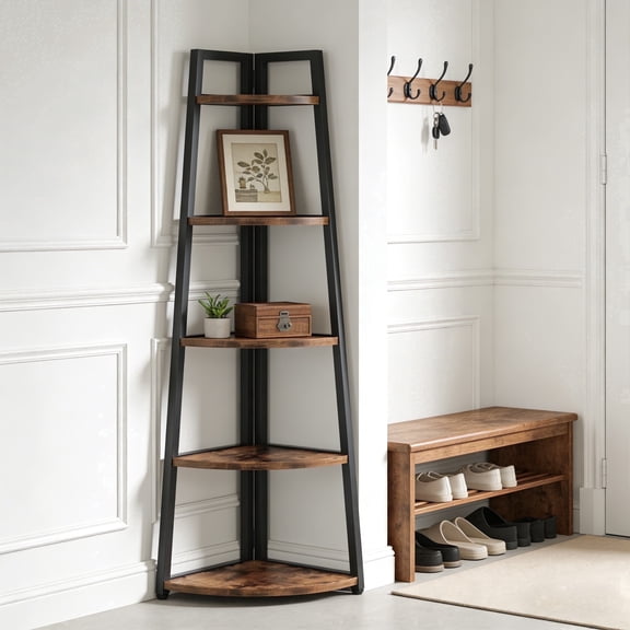 Fnova 71" 5-Tier Industrial Corner Ladder Shelf, Modern Corner Bookshelf, Compact Bookcase, Plant Stand for Living Room, Kitchen, Home Office