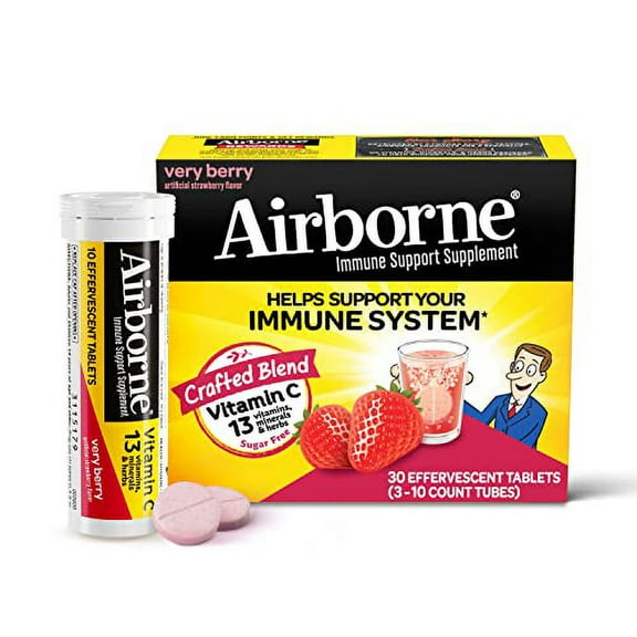 Airborne 1000mg Vitamin C with Zinc, SUGAR FREE Effervescent Tablets, Immune Support Supplement with Powerful Antioxidants Vitamins A C & E - 30 Fizzy Drink Tablets, Very Berry Flavor