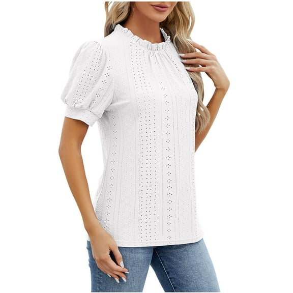 Njoeus Womens Summer Short Sleeve Work Dressy Blouse Plain Eyelet T-Shirt Ruffle Crewneck Shirts Loose Business Casual Tops S-XXL