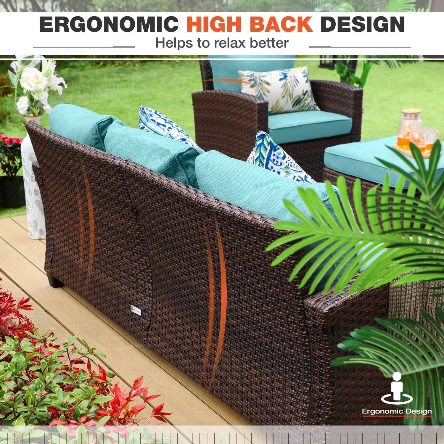 MF Studio 9-Seat Outdoor Patio Furniture Set with Fire Pit Table Wicker Patio Conversation Set Blue
