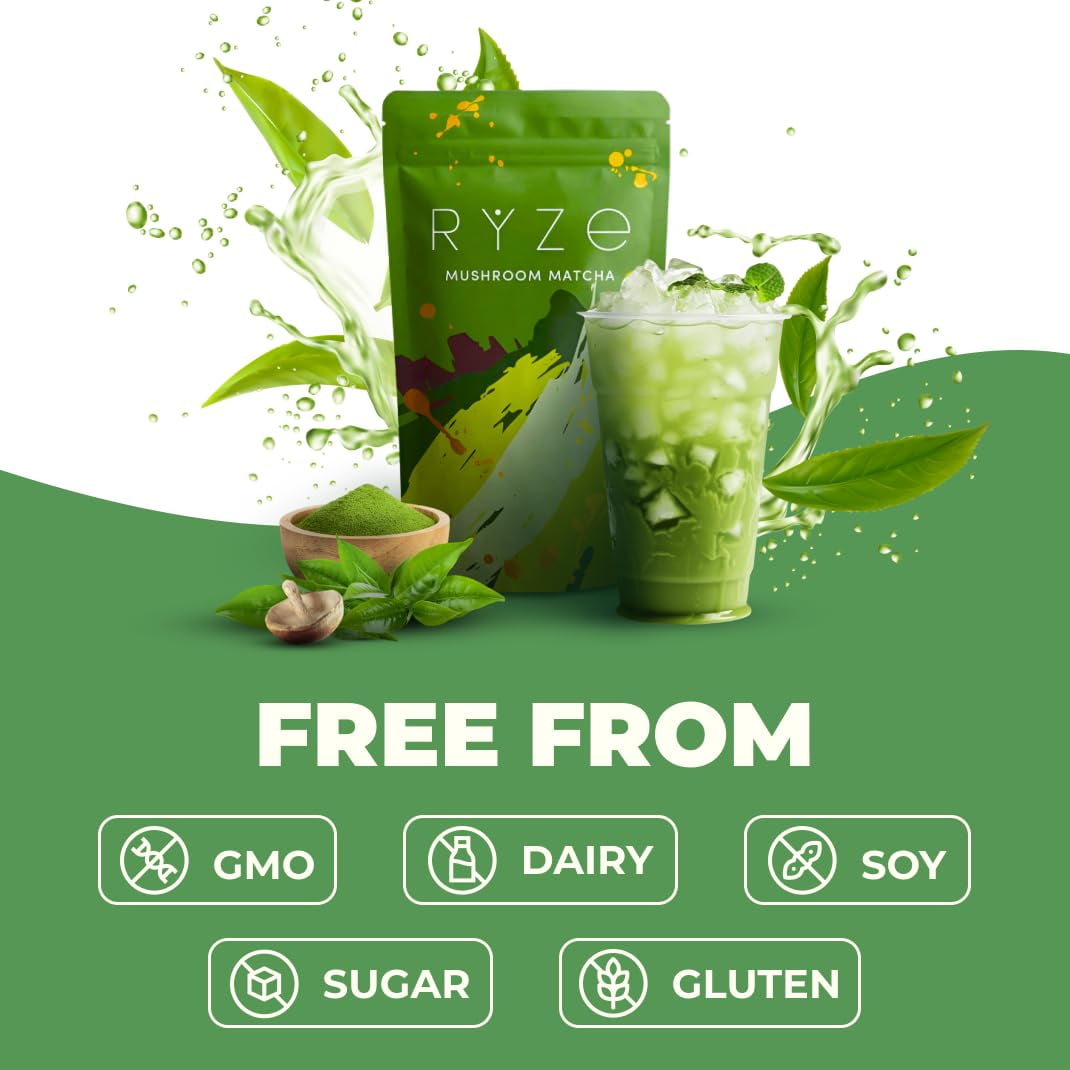RYZE Mushroom Matcha USDA Organic with 6 Adaptogenic Mushrooms for Energy, Focus, Digestion, Immunity with Turkey Tail, Lions Mane, Reishi, 30 Serving