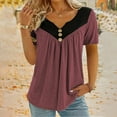 thumbnail image 4 of QUNYINEY Short Sleeve Spring Tops for Women 2025 V Neck Casual Colorblock Shirts Plus Size Pleated Loose Pullover Button Tops, 4 of 8