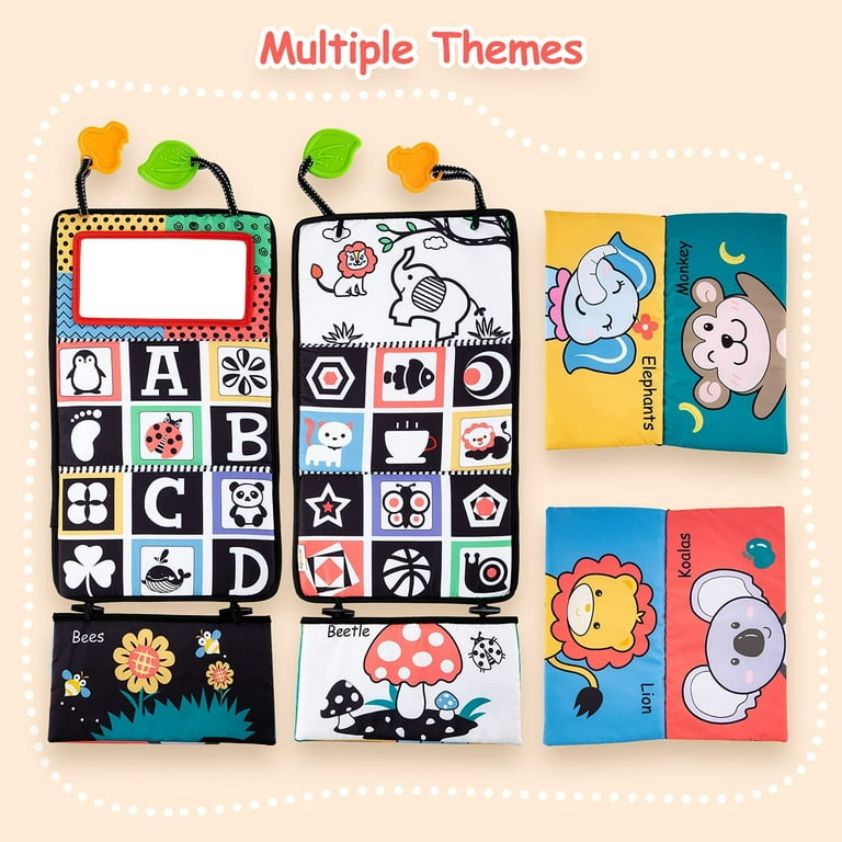 Kumprohu Tummy Time Floor Mirror - Crinkle Cloth Book with Teethers Black  and White Sensory Toys for
