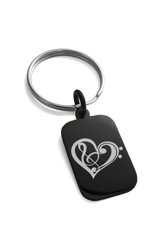 Stainless Steel Treble Bass Clef Heart Engraved Small Rectangle Dog Tag Charm Keychain Keyring