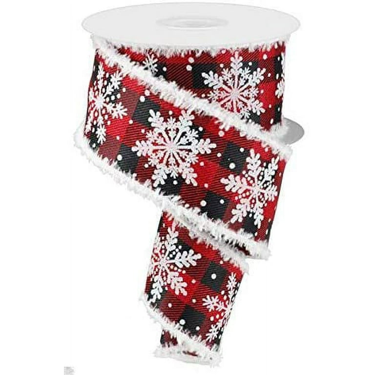 Buffalo Plaid Snowflake Wired Ribbon - 2 1/2 inch x 10 Yards, Red & Black Checks, Fuzzy Flocked Edges, Wreath