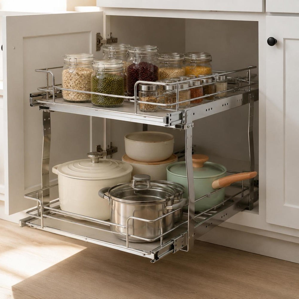 2 Tier Pull Out Cabinet Organizer Heavy Duty Steel Slide Out Pantry Shelves Sliding Drawer Storage for Kitchen Cabinets