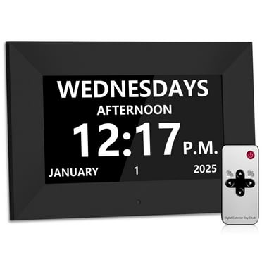Bgift 7'' Black Digital Alarm Clock with Date and Day of Week for Seniors-12 Alarms 20 Reminder Digital Calendar Auto Dimmable Perfect for Elderly