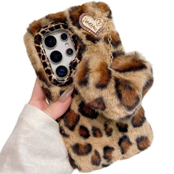 for Samsung Galaxy S24 /S24 Plus Furry Plush Phone Case Handmade Leopard Print Camouflage Love Heart Fluffy Fur Ball Pendant for Women Girl, Cute Raised Camera Bump Protection Frame