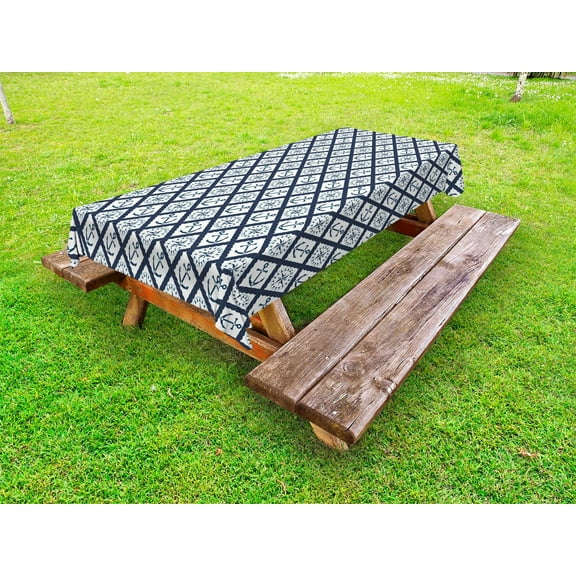 Navy Outdoor Tablecloth, Nautical Pattern with Anchor and Windrose in Rope Stripes Navigation Sea Adventure, Decorative Washable Fabric Picnic Table Cloth, 58 X 84 Inches,Indigo White, by Ambesonne