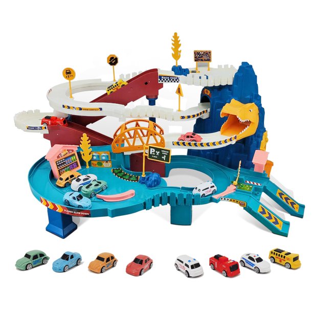 Race Track Playset for Kids,Dinosaur Hill Car Adventure Toys with 8