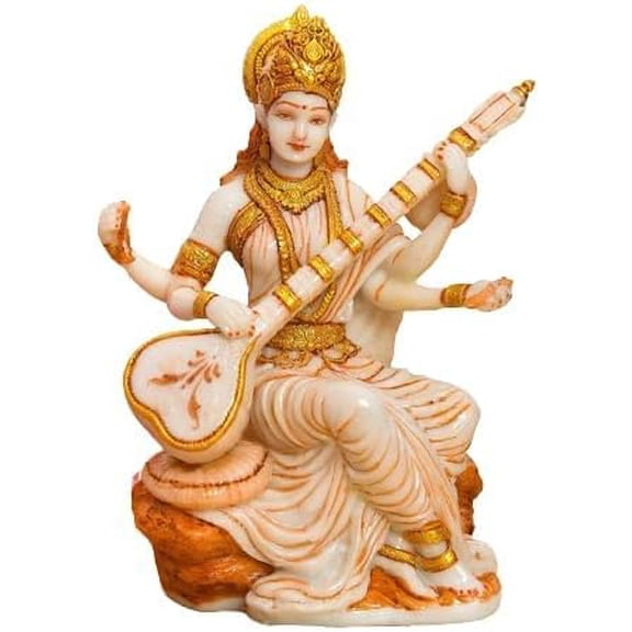 Maa Saraswati Murti 7” Marble Dust Sculpture – Hindu Goddess of Wisdom & Learning Idol for Home Decor and Teachers Day Gift