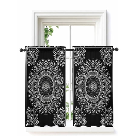 Black Boho Curtains 54 Inch Length, Sheer Curtains for Bedroom Living Room Window Retro Farmhouse Neutral Abstract Geometric Rod Pocket Drapes Kitchen Curtains Small Half Window 42"x54" 2 Panels