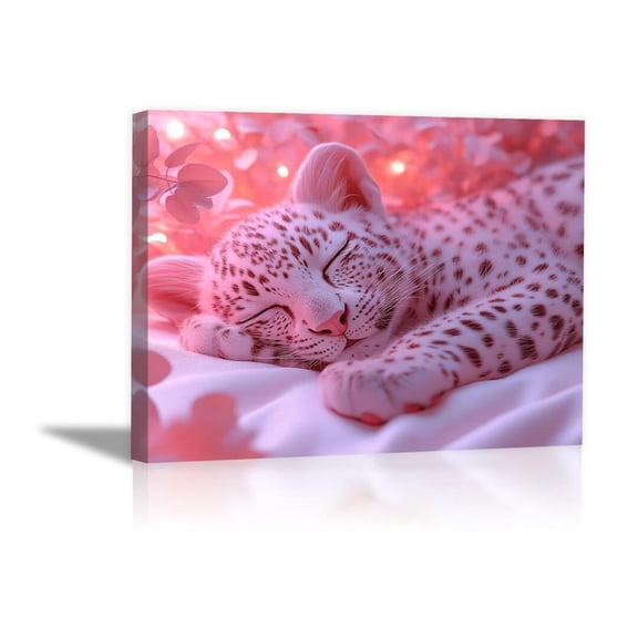 Mudket Sleeping White Leopard Cub with Pink Glow Canvas Wall Art, Cute Nursery Animal Paintings for Bedroom Print for Girls Baby Room Home Decor , Framed Ready to Hang - 12"L x 8"W