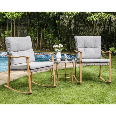COSIEST 3 Piece Bistro Set Metal Patio Rocking Chairs with Table Gray Cushions