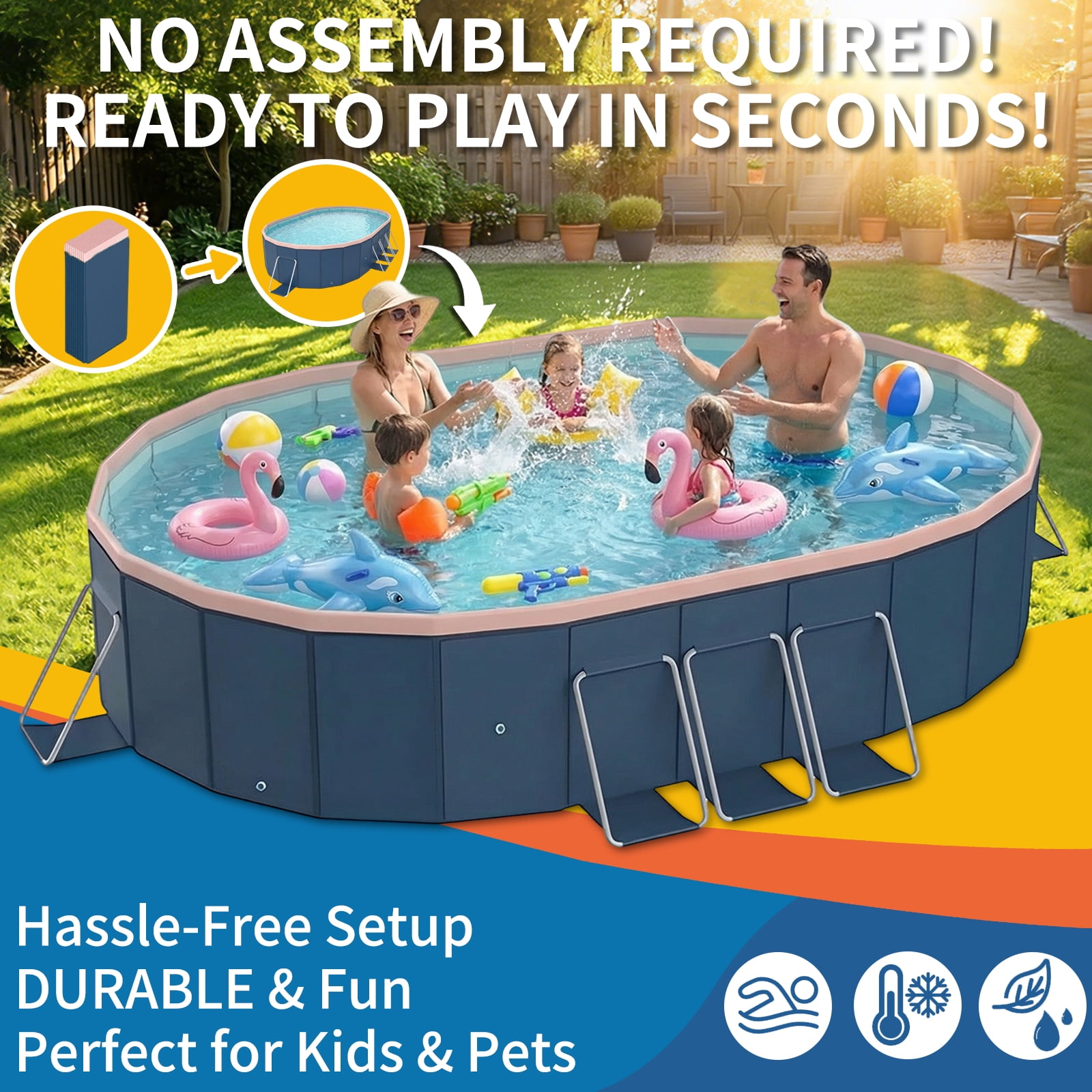 Liyufly Foldable Above Ground Swimming Pool, Metal Steel Frame Kiddie Pools with Canopy Sunshade for Backyard, Garden, Lawn for Adults, 105in
