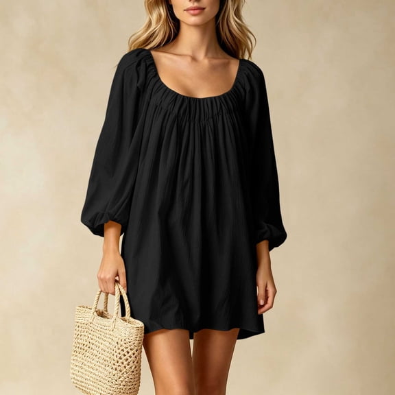 Sheghy Balloon Long Sleeve Round Neck Mini Dress Oversized Autumn Winter Everyday Wear Black S