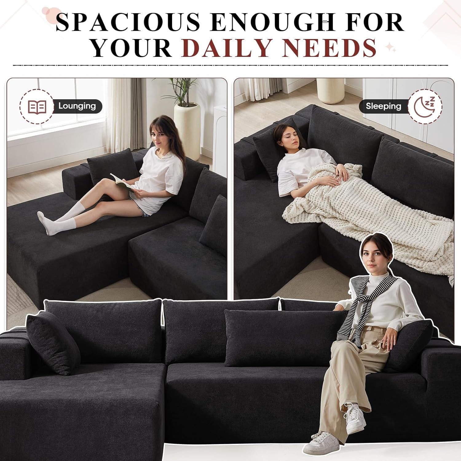 AENKYO 108" Chenille L-Shaped Sectional Sofa Set with 6 Pillows, Free-Combination Modular Couch for Living Room, Black, Left-Facing Chaise