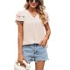 thumbnail image 1 of Blusa de manga con volantes Cuello en V Color puro Ajuste holgado Casual Mujer Top de manga corta para verano, 1 of 6