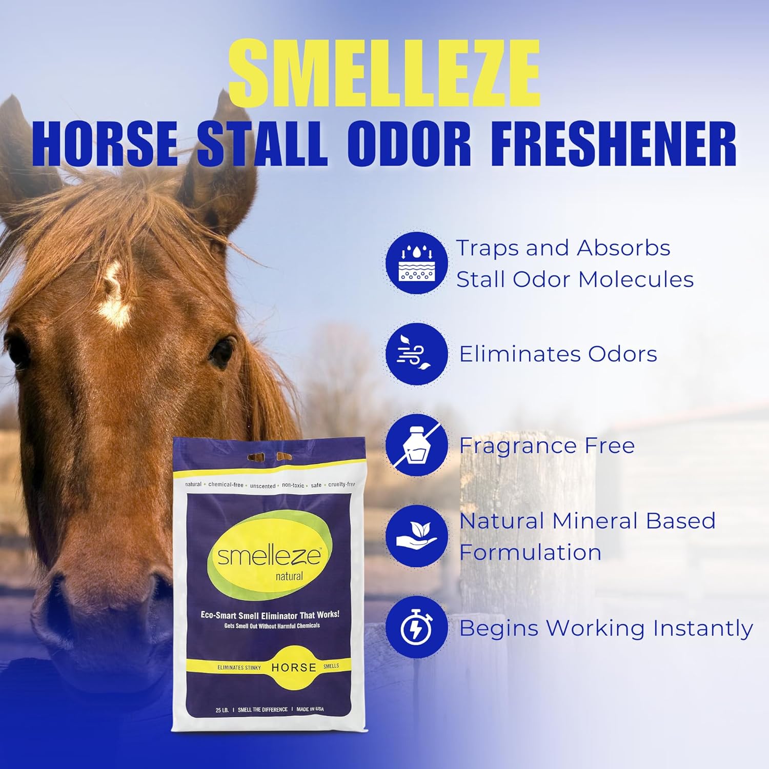 SMELLEZE Natural Stall Smell Deodorizer Granules: 25 lb. Bag Sprinkle 3-5 Cups/Stall
